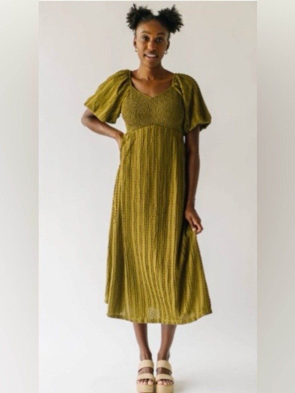 NWT Polagram Textured Olive Midi Dress with Puff Sleeves